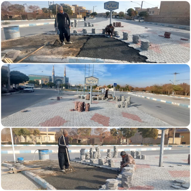 تداوم عملیات سنگ فرش و بلوک فرش نمودن پیاده روها و رفیوژ های معابر  سطح شهر